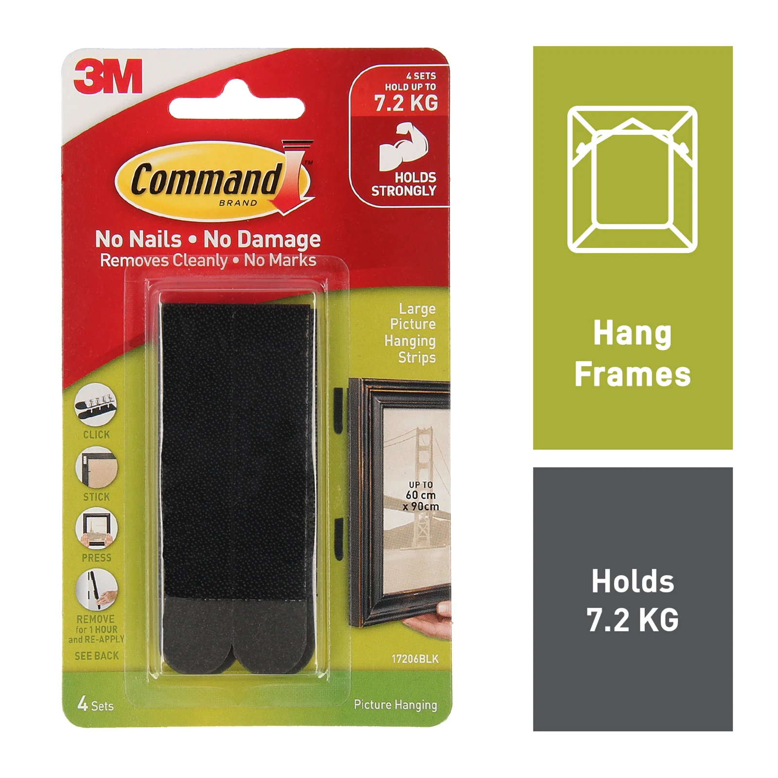 Command Large Black Picture Hanging Strips - 4 Pack, Damage-Free