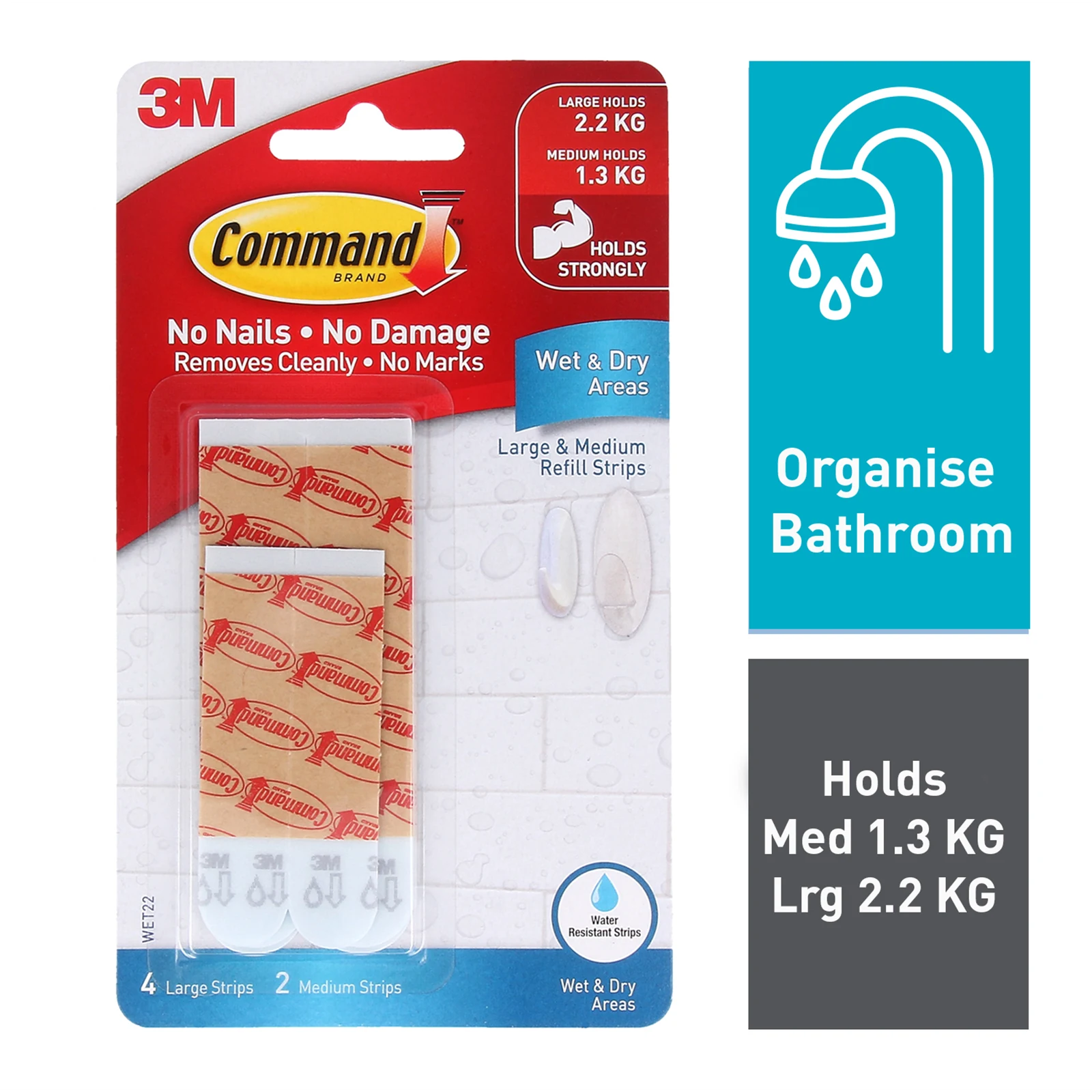 Command Medium & Large White Adhesive Wet Area Refill Strips - 6 Pack