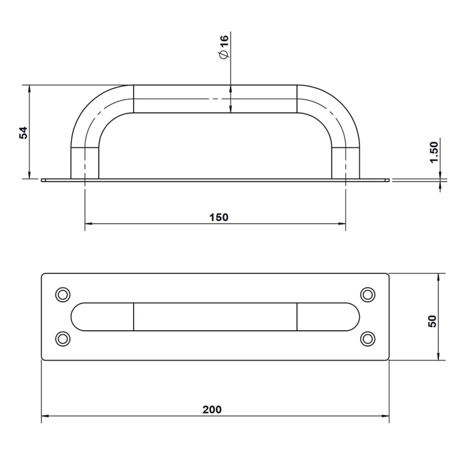 Lemaar D Pull Handle on Plate 200 x 50mm DDA Satin 304 Stainless Steel, Indoor Outdoor