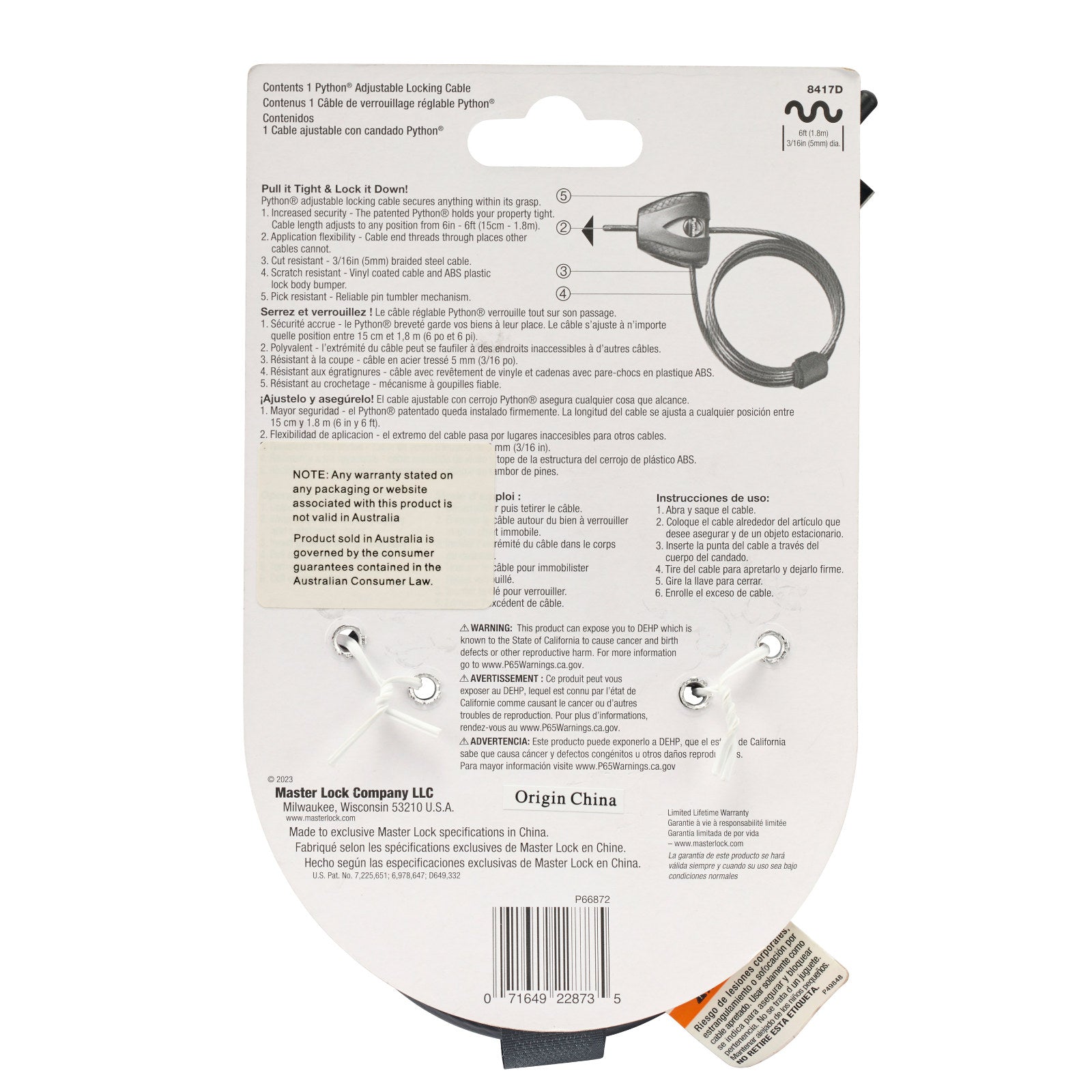Master Lock 1.8m x 5mm Mini Python Adjustable Locking Cable - Vinyl Coated Braided Steel