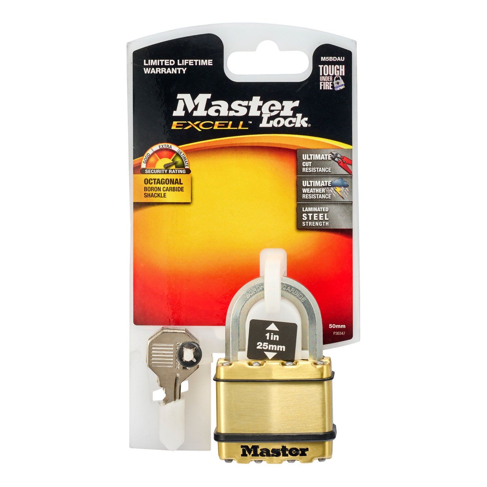 Master Lock 50mm Excell Padlock - Laminated Steel, Octagonal Boron Shackle