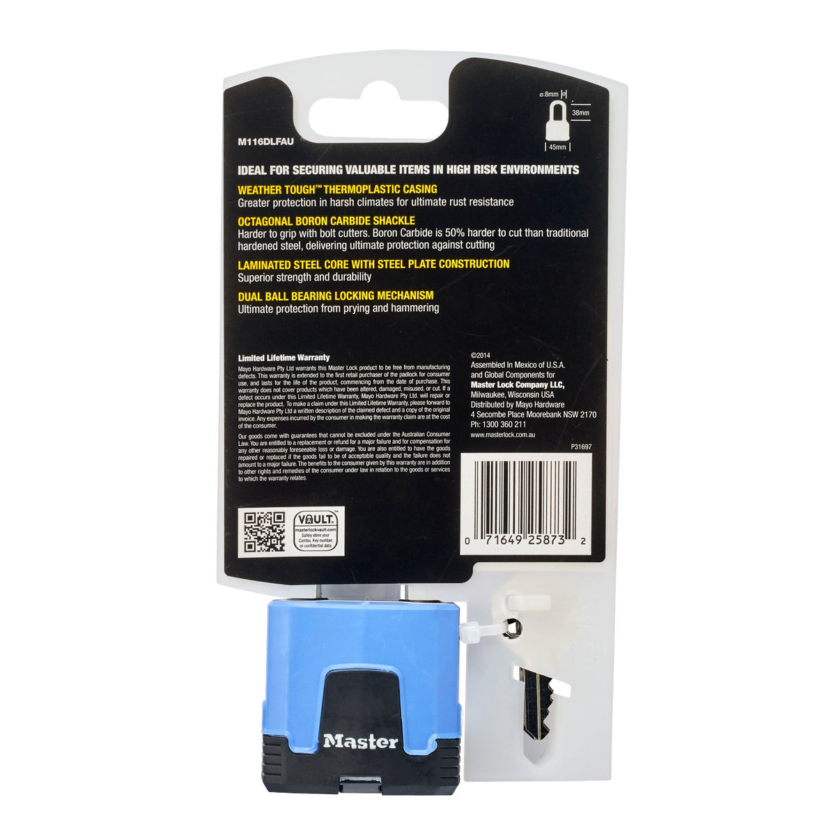 Master Lock 45mm Excell Covered Padlock Laminated Steel Boron-Carbide Shackle