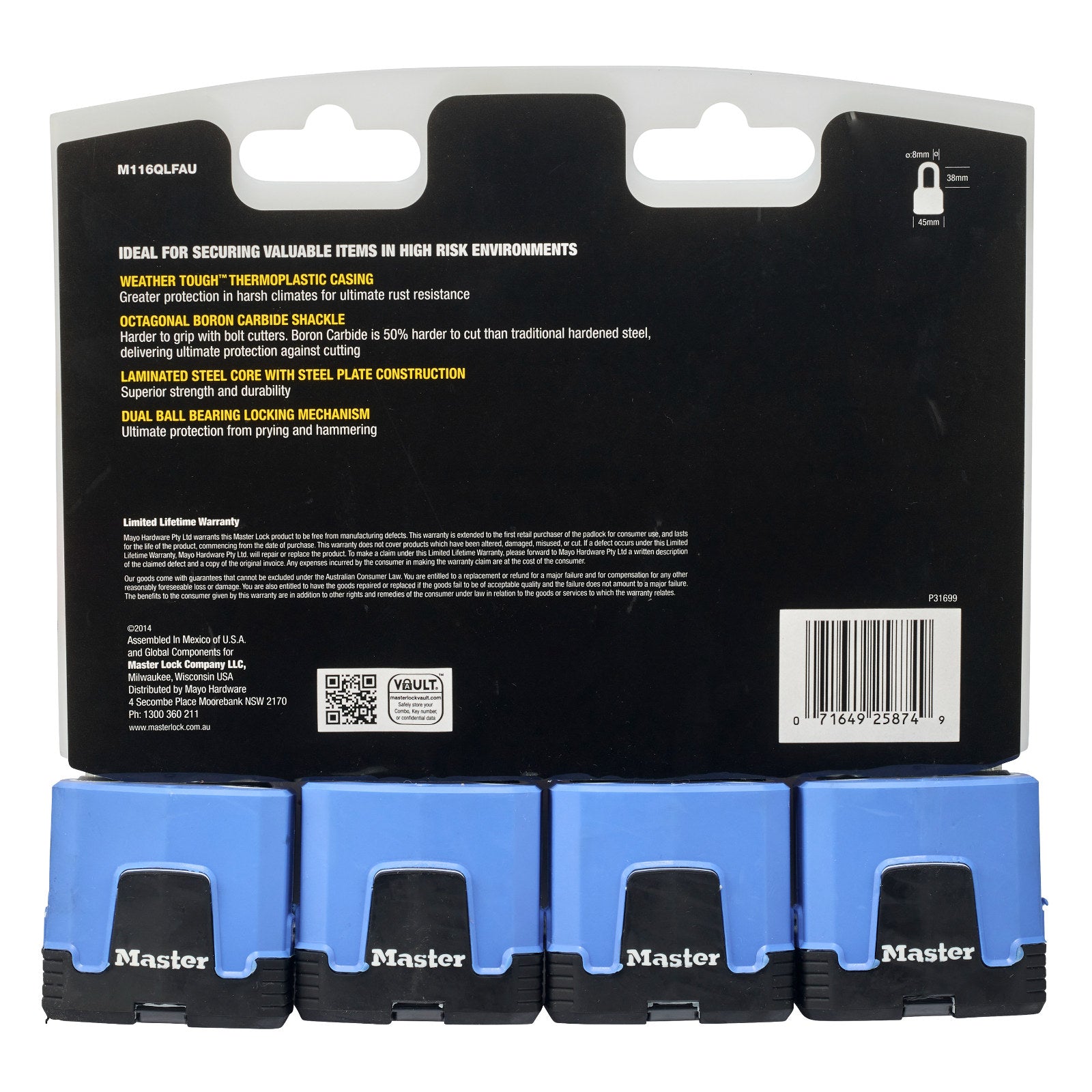 Master Lock 45mm Excell Covered Padlock 4 Pack Laminated Steel Boron-Carbide