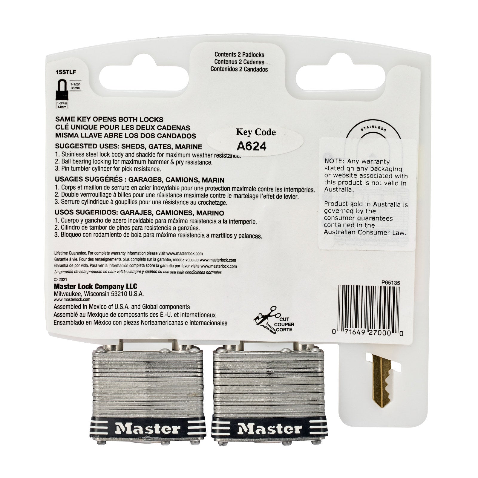 Master Lock 44mm Laminated Stainless Steel Padlock with Pin Cylinder - 2 Pack