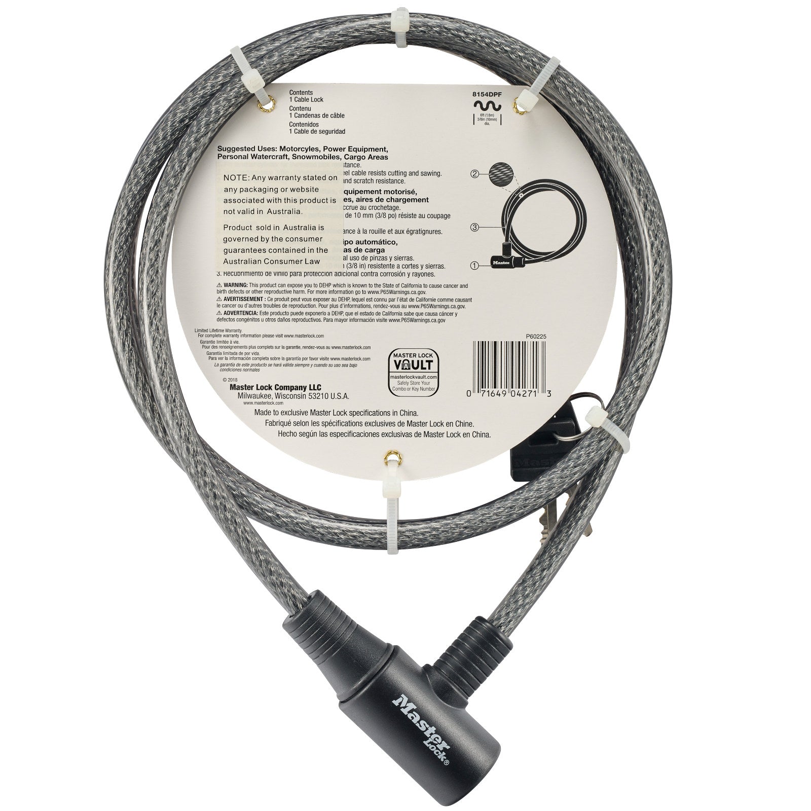 Master Lock 10mm x 1.8m Keyed Cable Lock, Vinyl-Coated Braided Steel