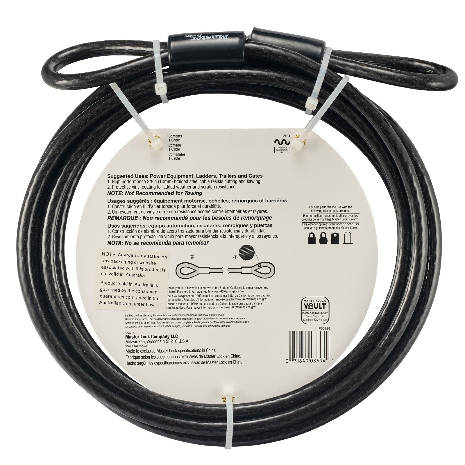 Master Lock 10mm x 4.6m Loop-Ended Braided Steel Cable, Vinyl-Coated, Black