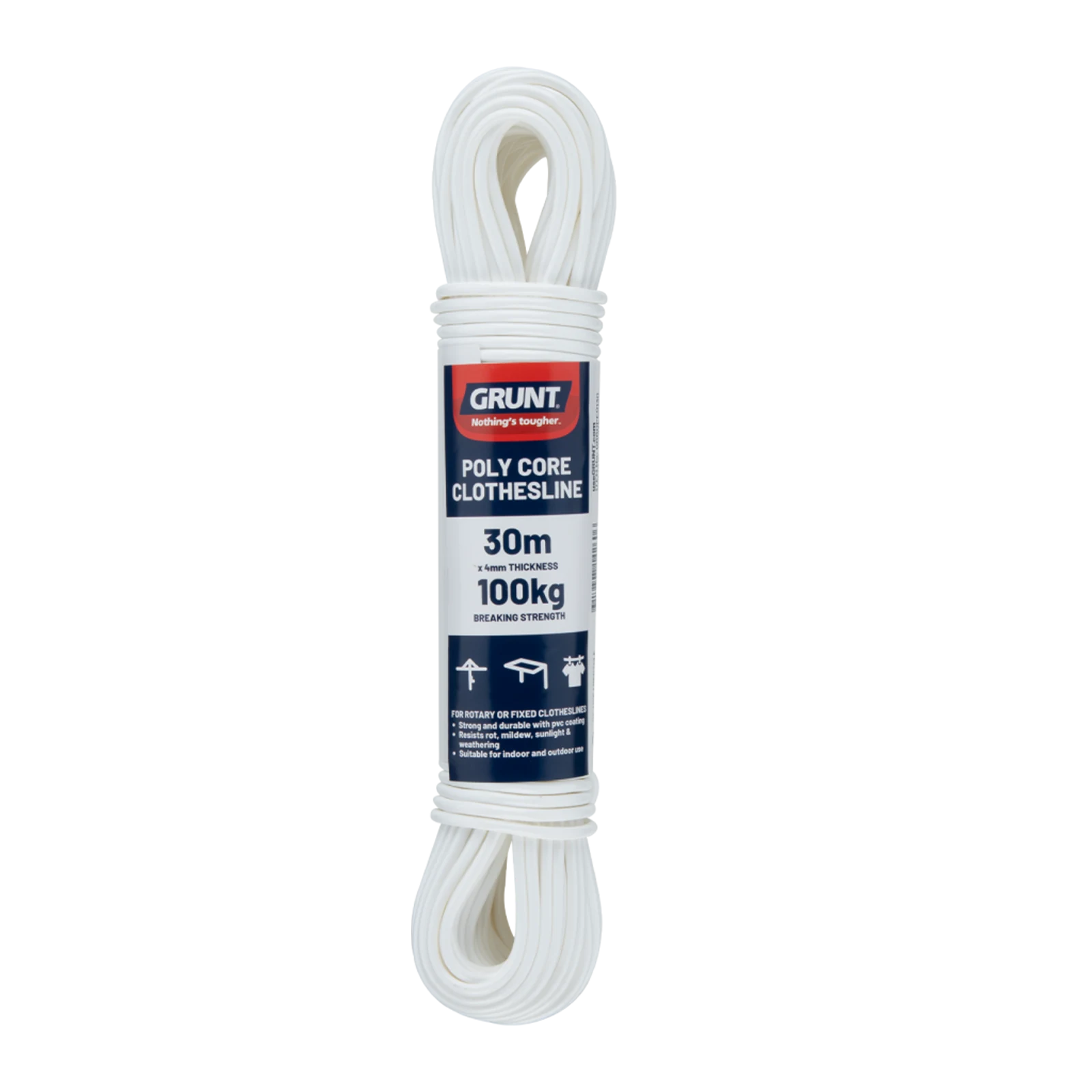 Grunt 4mm x 30m White Poly Core Clothesline Wire, PVC Coated, 100kg Break Strength, Weather Resistant