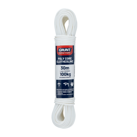 Grunt 4mm x 30m White Poly Core Clothesline Wire, PVC Coated, 100kg Break Strength, Weather Resistant