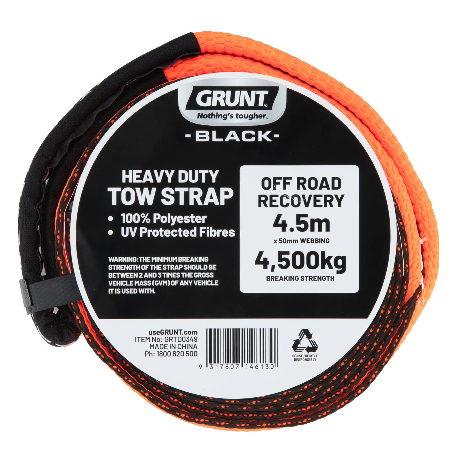 Grunt 50mm x 4.5m Heavy Duty Tow Strap, Orange Polyester, UV Protected, 2272kg Lashing Capacity