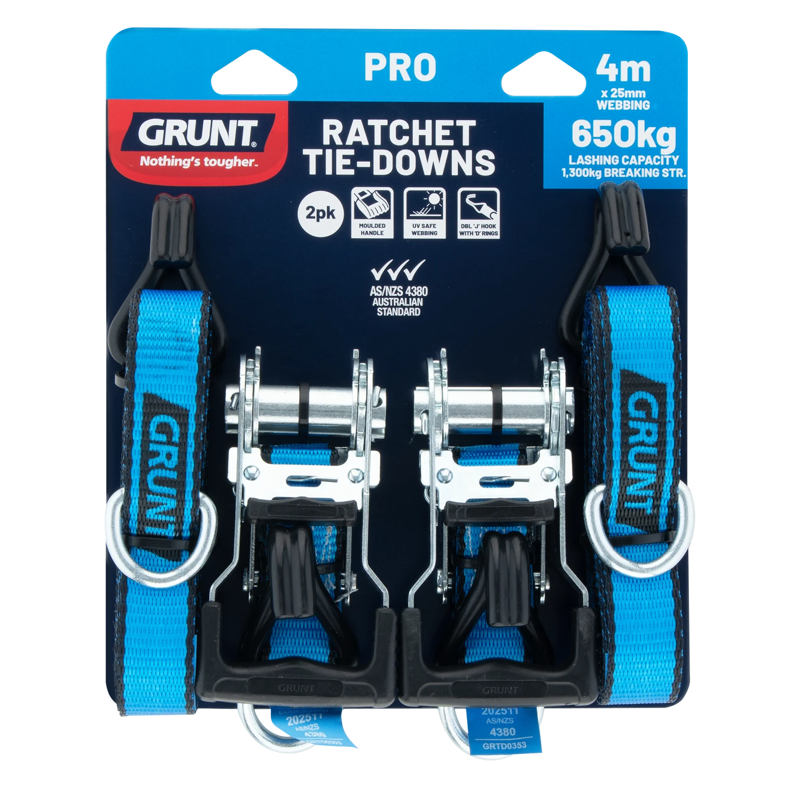 Grunt 25mm x 4m Ratchet Tie Down Straps, Polyester Webbing, 2 Pack