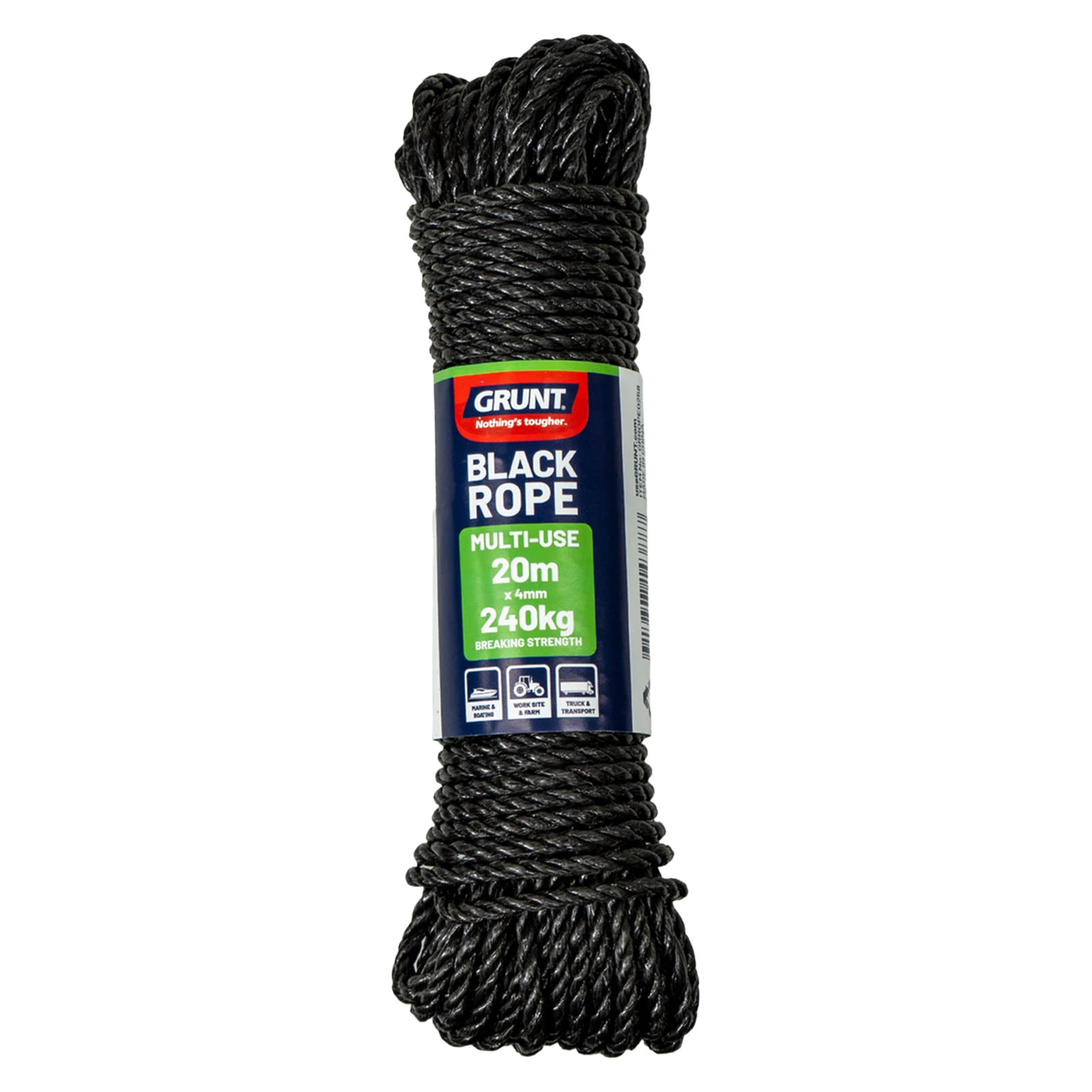 Grunt 4mm x 20m Multi Purpose Rope, Black Polypropylene, Weather Resistant, 240kg Break Strength