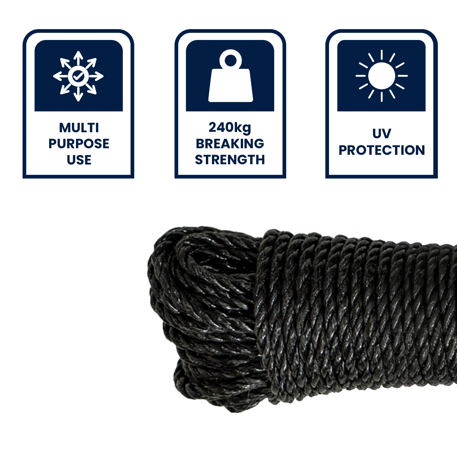 Grunt 4mm x 20m Multi Purpose Rope, Black Polypropylene, Weather Resistant, 240kg Break Strength