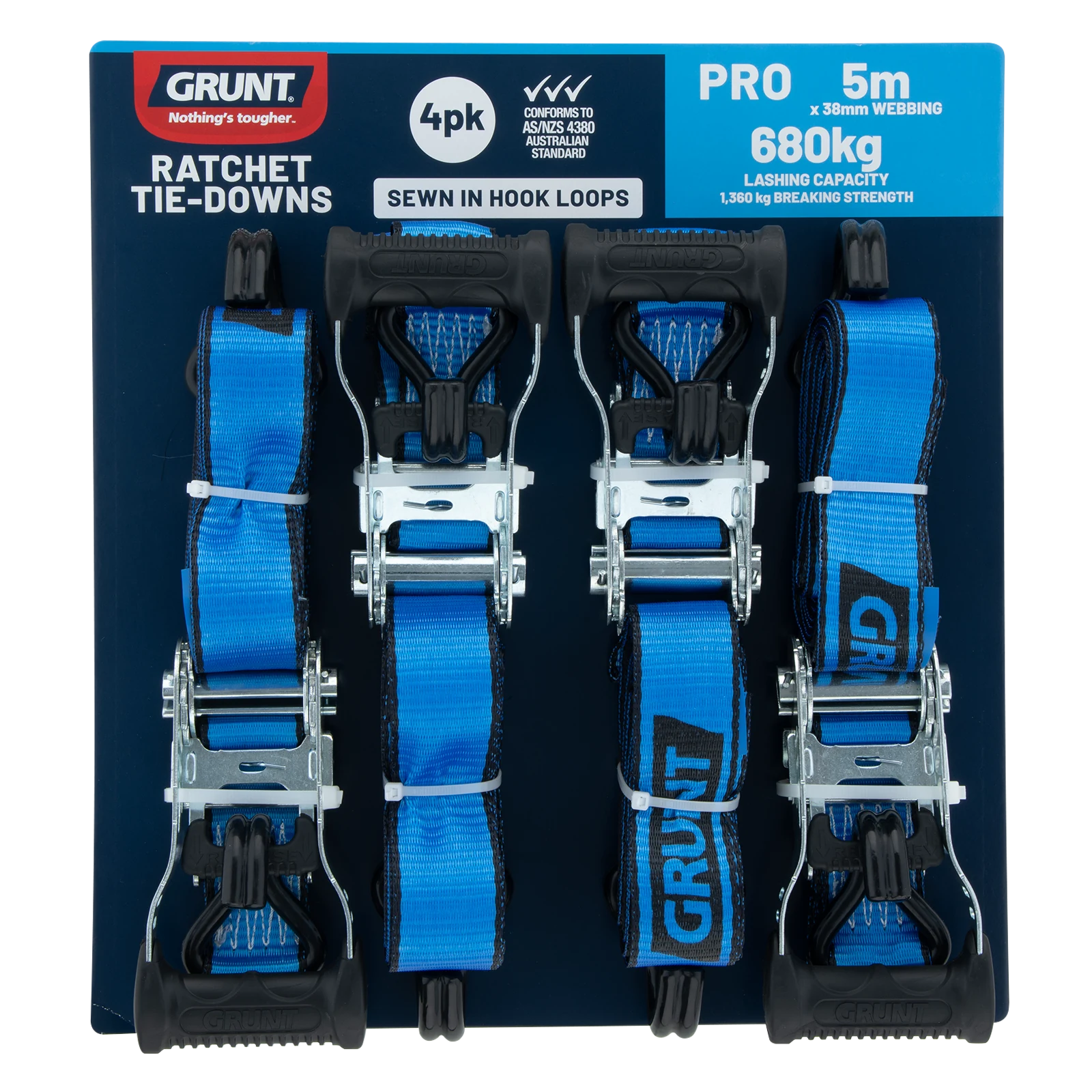 Grunt 38mm x 5m Polyester Ratchet Tie Down Set - 4 Pack