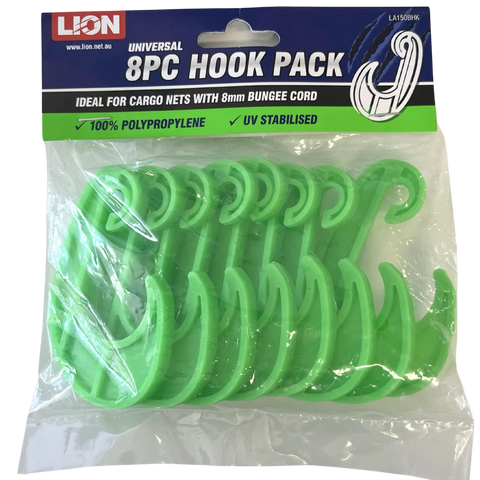 Lion 8mm Universal Cargo Net Bungee Cord Snap-On Hooks, Green, UV Protected, 8 Pack