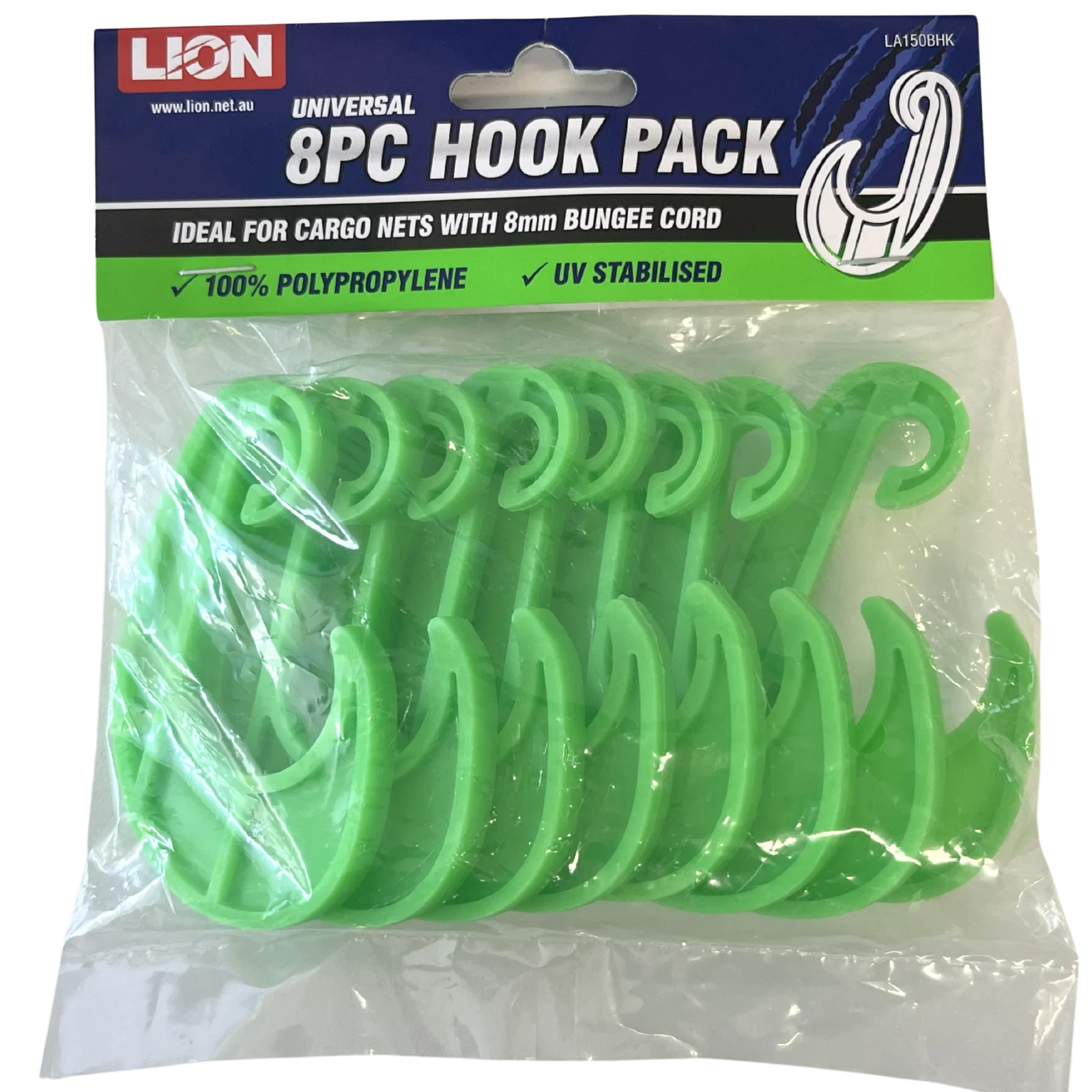 Lion 8mm Universal Cargo Net Bungee Cord Snap-On Hooks, Green, UV Protected, 8 Pack
