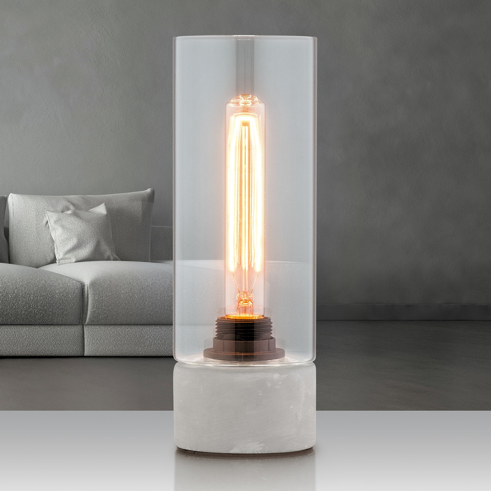 Verve Design Abel Table Lamp ATL738, Concrete Base with Glass Cylinder Shade, Inline Switch