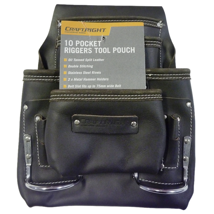 Craftright 10 Pocket Riggers Tool Pouch Belt, Dark Tan Leather, with Tape Holder