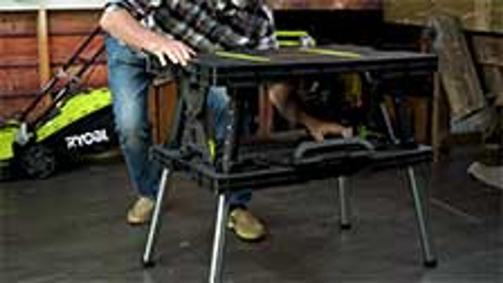 Ryobi Folding Work Table with Two Clamps, 850 x 550mm Plastic Surface