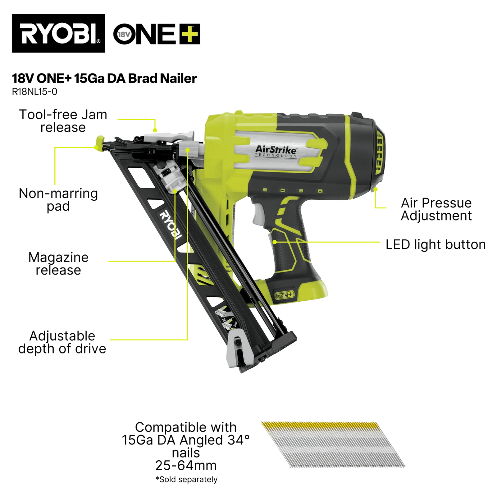 Ryobi 18V ONE+ 15GA DA Cordless Brad Nailer, Strip, Tool Only R18NL15-0