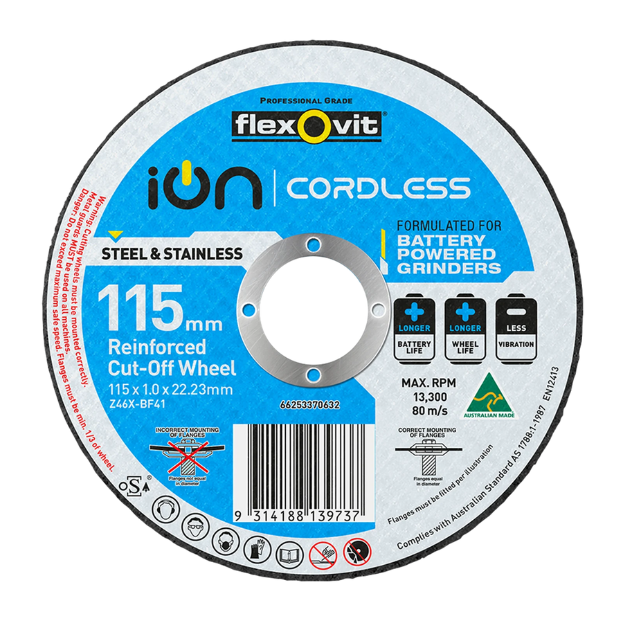 Flexovit 115 x 1 x 22.2mm Ion Cordless Reinforced Cut Off Wheel - Zirconia