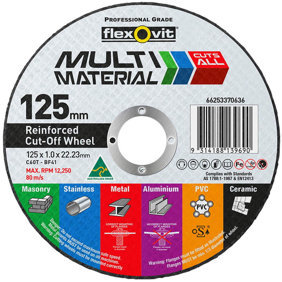 Flexovit 125 x 1.0 x 22.2mm Multi Material Reinforced Cut Off Wheel - Silicon Carbide