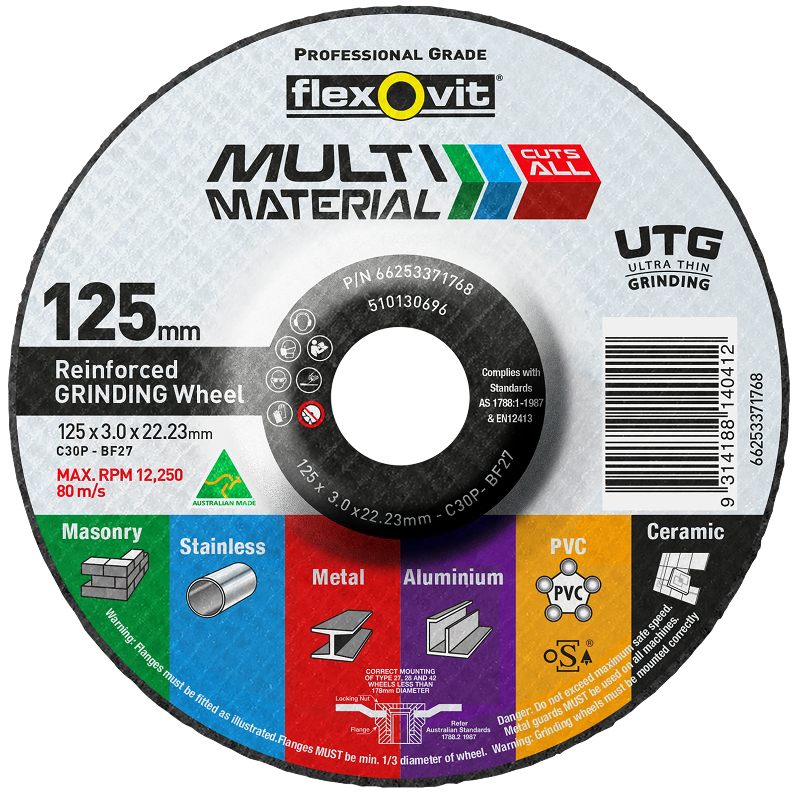 Flexovit 125 x 22.23mm Multi Material Reinforced Grinding Wheel