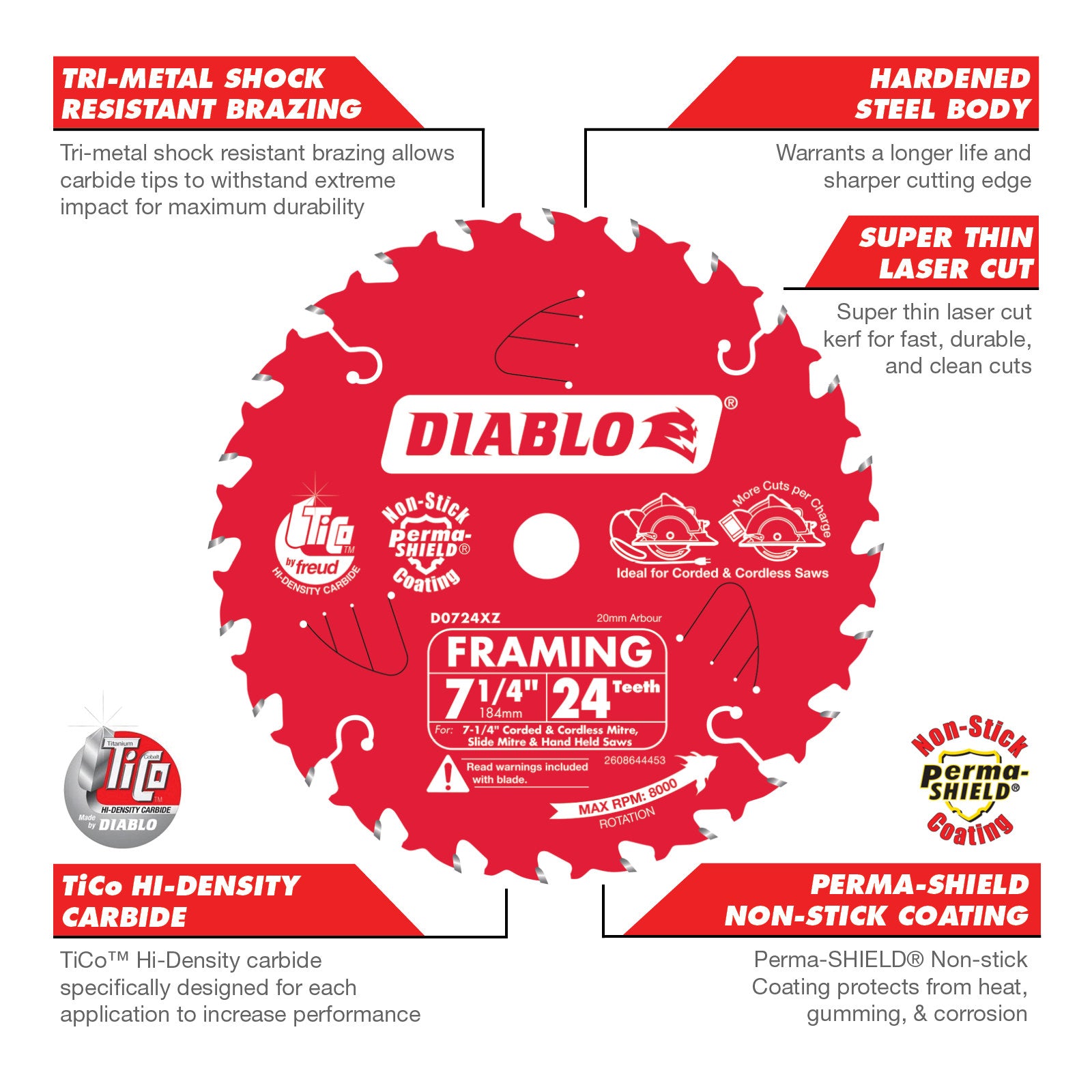 Diablo 184mm 24T Framing Circular Saw Blade - Carbide, 20mm Arbor for Framing & Demolition