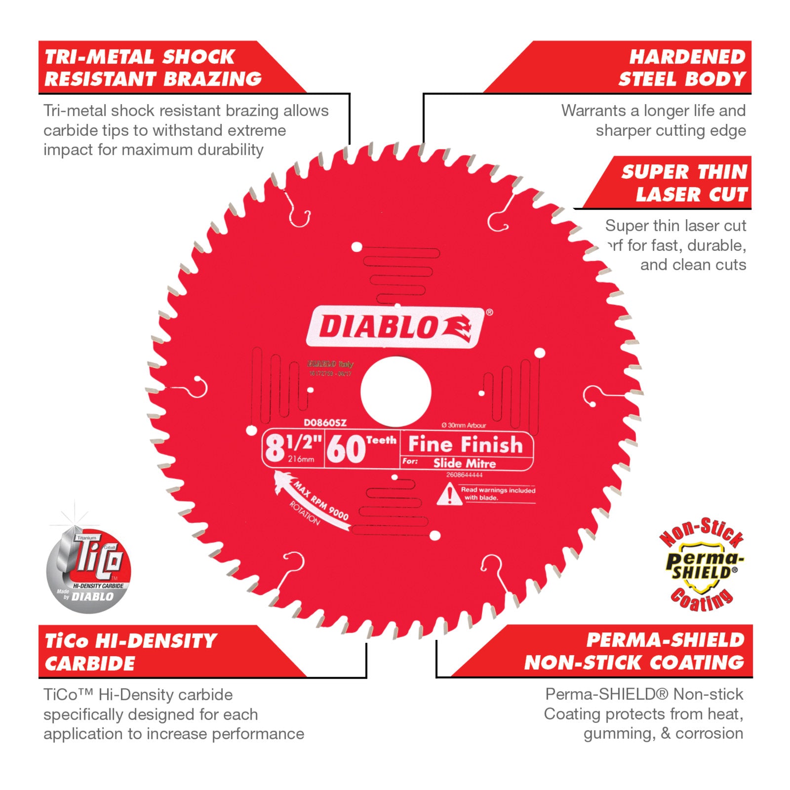 Diablo 216mm 60T Fine Finish Circular Saw Blade - 30mm Arbor for Cabinets & Furniture