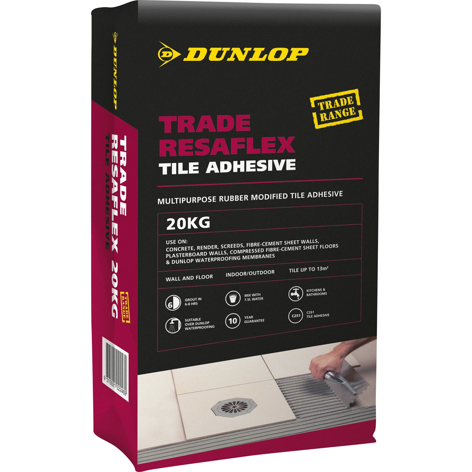 Dunlop Trade 20kg Resaflex Rubber Modified Tile Adhesive - Weather & UV Resistant, Indoor/Outdoor