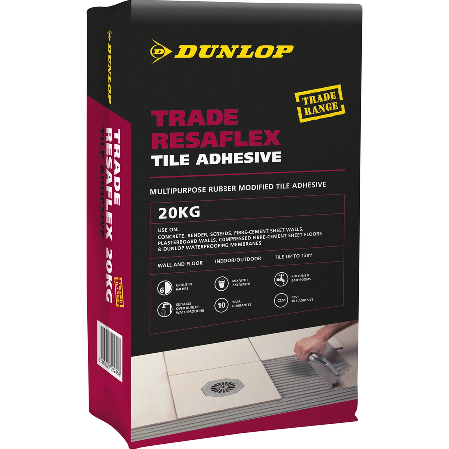 Dunlop Trade 20kg Resaflex Rubber Modified Tile Adhesive - Weather & UV Resistant, Indoor/Outdoor