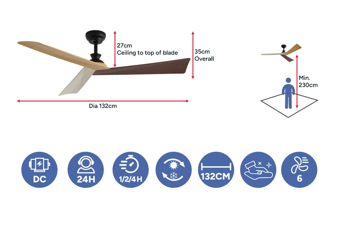 Kogan 132cm DC Motor Ceiling Fan with Remote (Oak/Walnut/Beige)