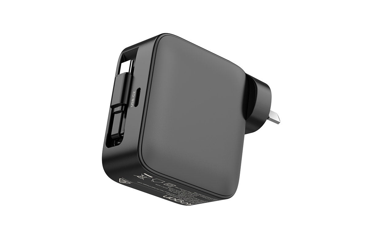 Kogan 65W 2-Port GaN Super Fast PD Wall Charger with Retractable USB-C Cable