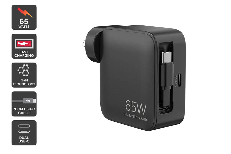 Kogan 65W 2-Port GaN Super Fast PD Wall Charger with Retractable USB-C Cable