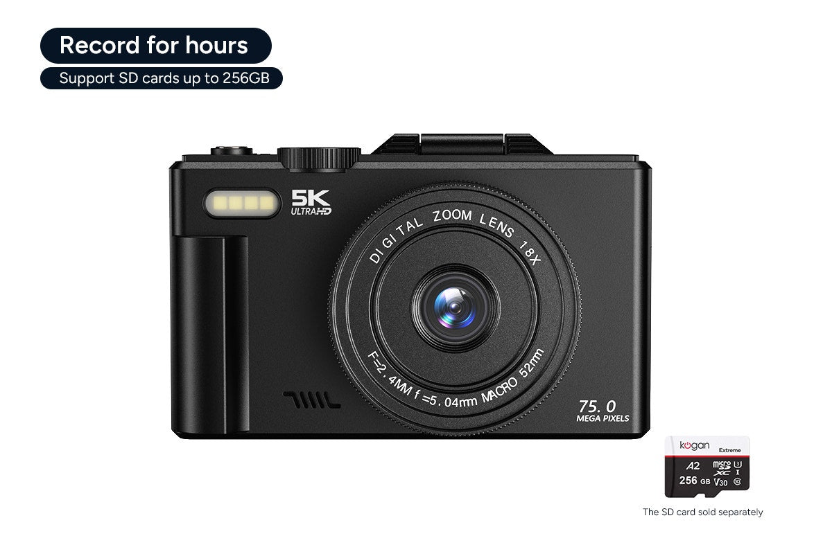 Kogan 5K 75MP Digital Vlogging Camera with Flip Screen (Dual Battery Bundle)