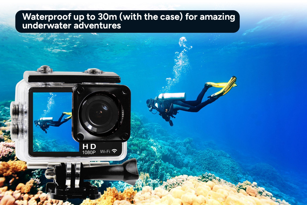 Kogan Dual Screen 1080P Wi-Fi Action Camera with Waterproof Case