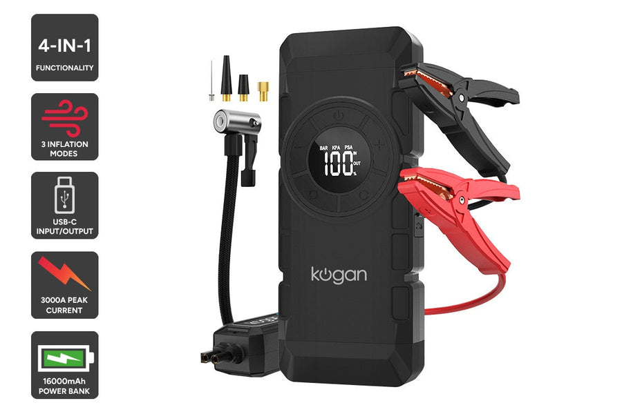 Kogan Portable Jump Starter with Air Compressor and Power Bank 3000A 16,000mAh