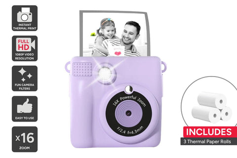 Kogan Kids Digital Instant Print Camera 1080p with 3 Rolls - Purple - SuperSaverAU - view 1
