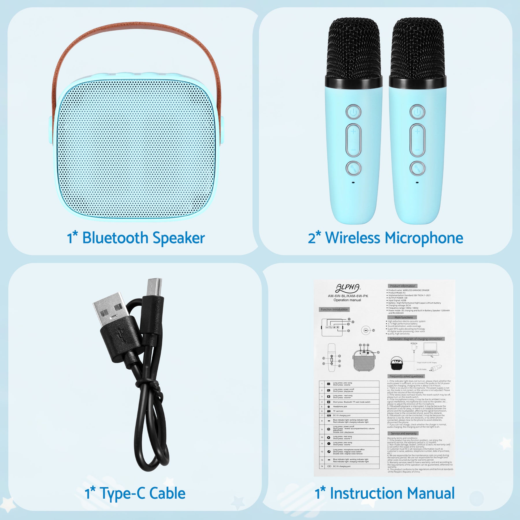 Alpha Mini Portable Karaoke Machine with 2 Wireless Microphones - Blue