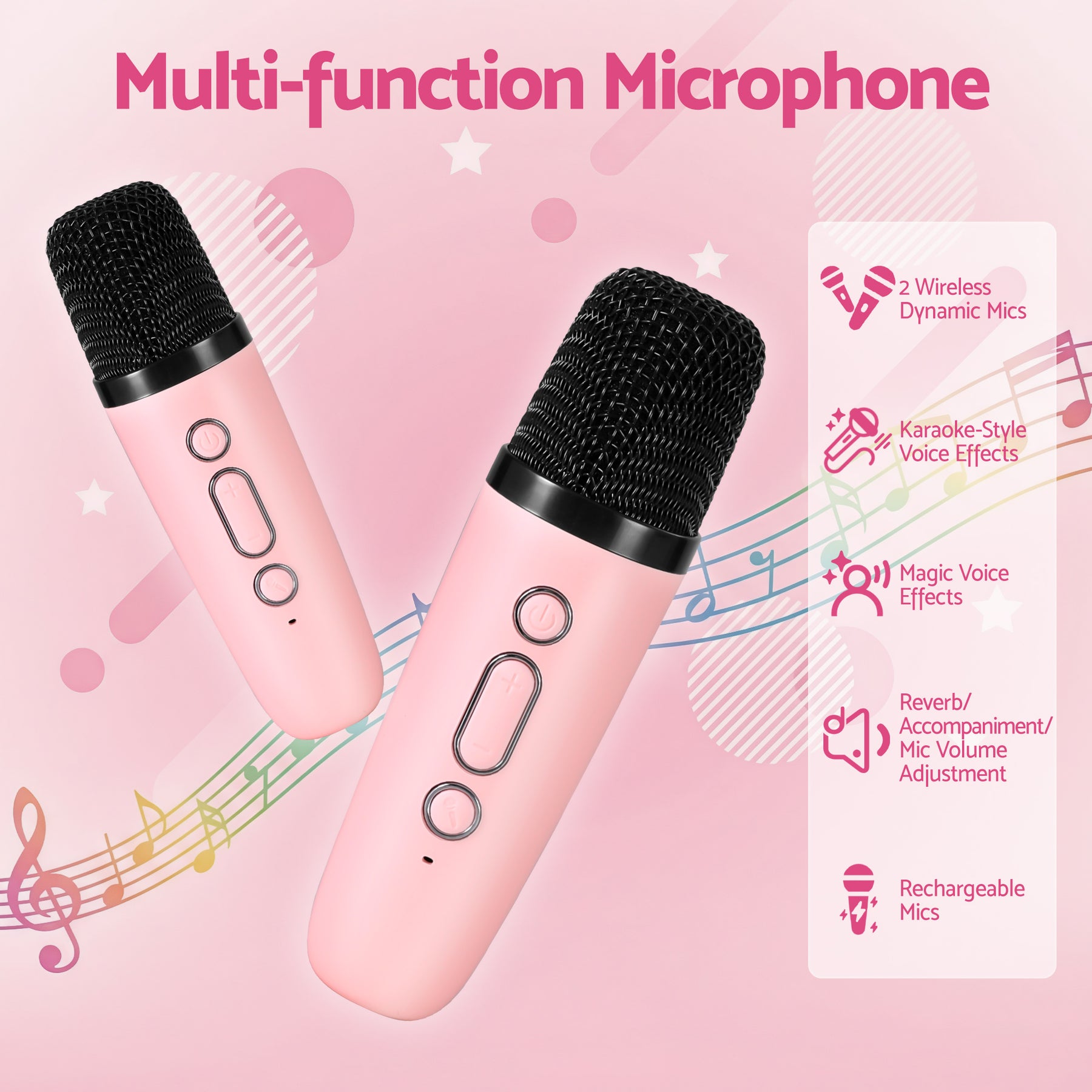 Alpha Mini Portable Karaoke Machine with 2 Wireless Microphones - Pink