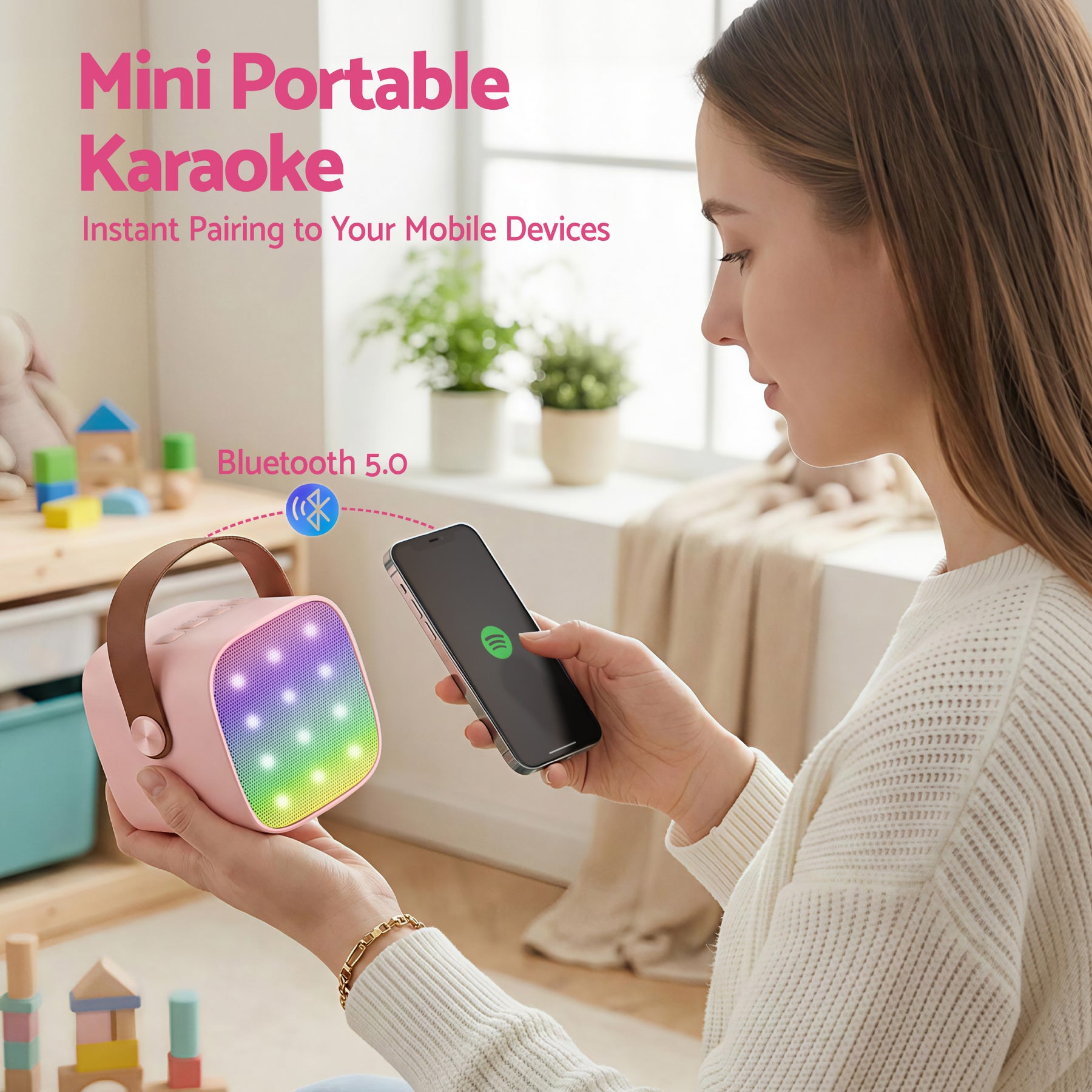 Alpha Mini Portable Karaoke Machine with 2 Wireless Microphones - Pink