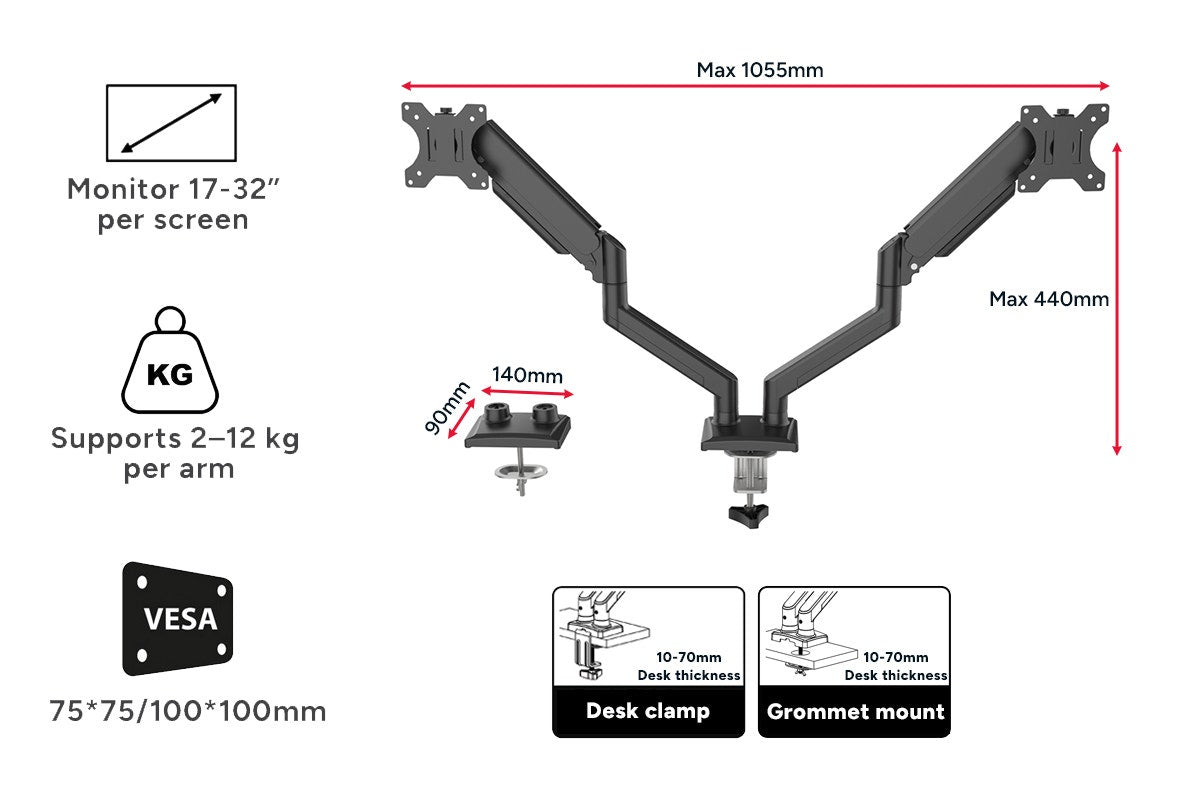 Kogan Full Motion Gas Spring Dual Monitor Arm for 17" - 32" Monitors