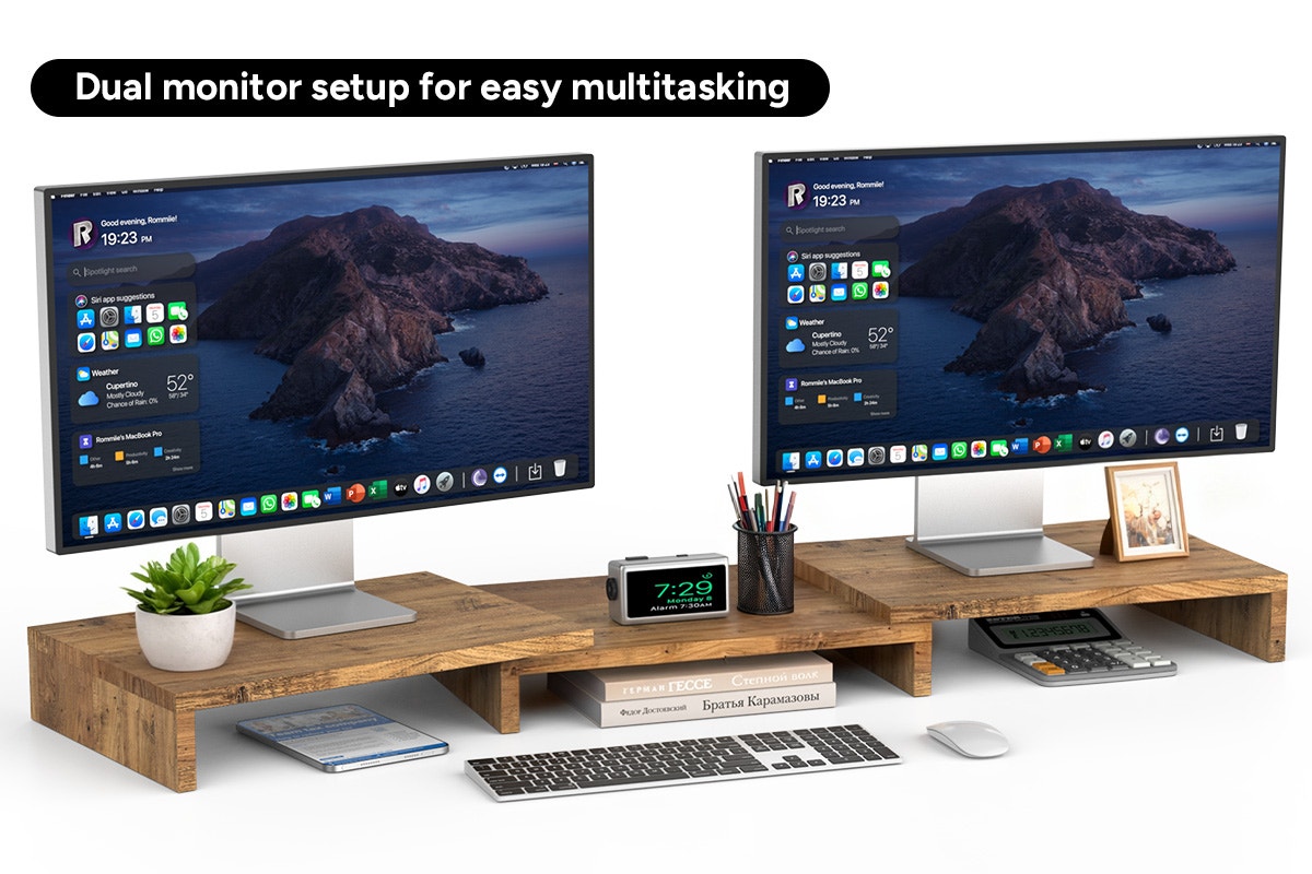 Kogan Modern Dual Monitor & Laptop Stand with Adjustable Length (Dark Walnut)
