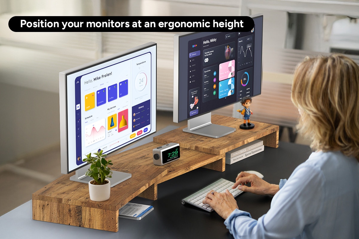 Kogan Modern Dual Monitor & Laptop Stand with Adjustable Length (Dark Walnut)
