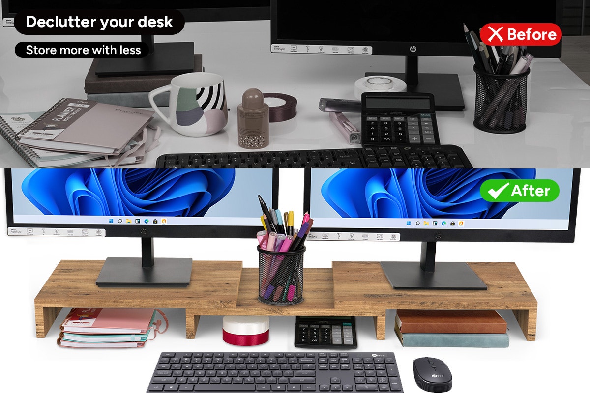 Kogan Modern Dual Monitor & Laptop Stand with Adjustable Length (Dark Walnut)