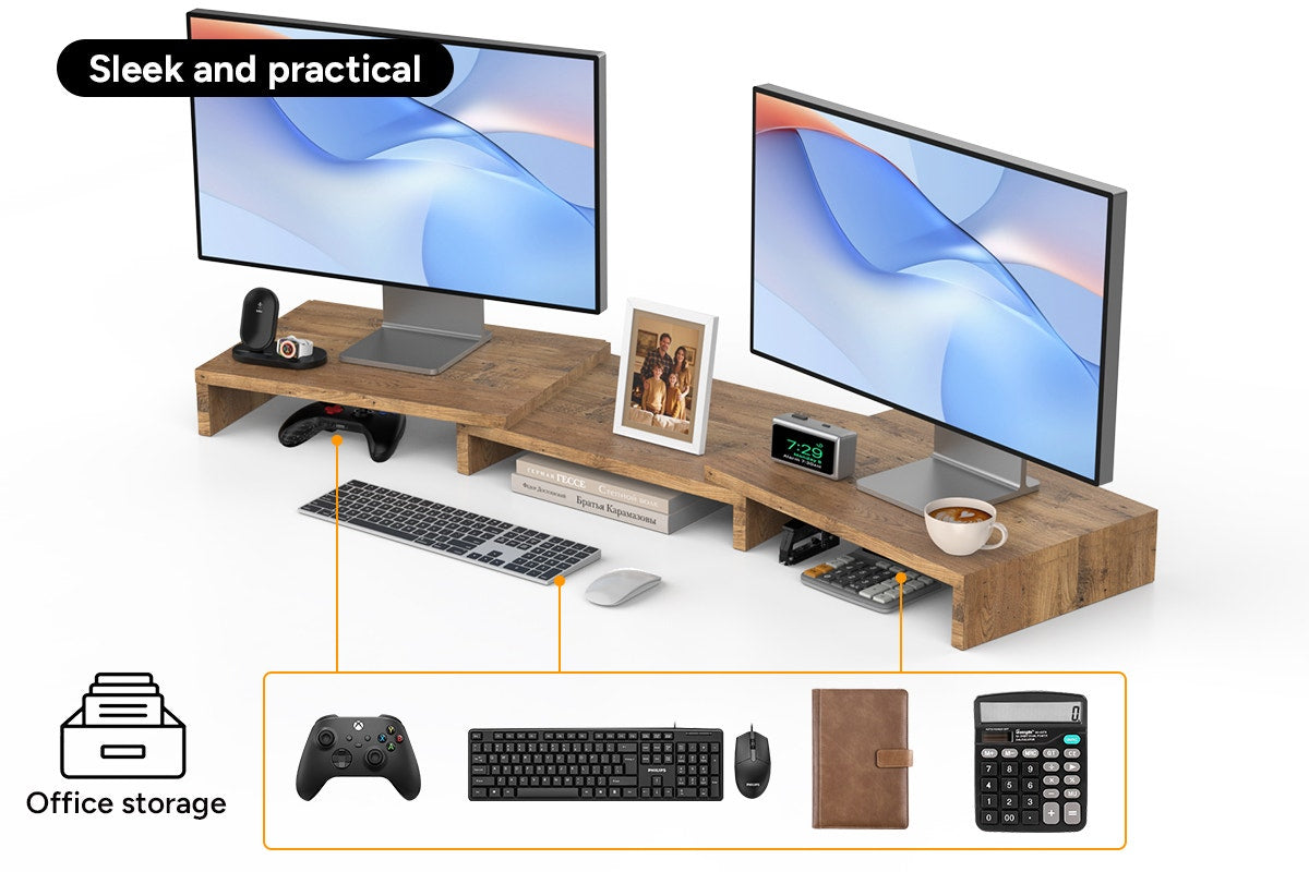 Kogan Modern Dual Monitor & Laptop Stand with Adjustable Length (Dark Walnut)