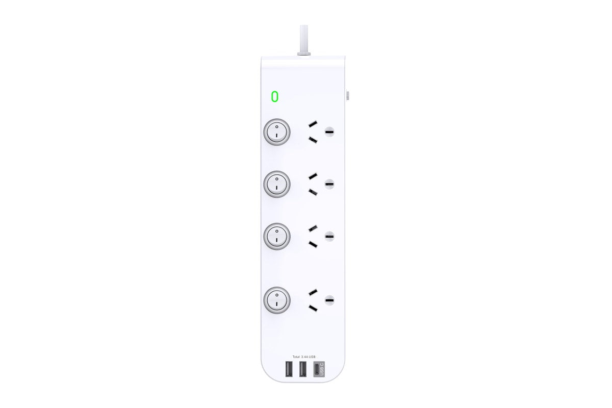 Kogan 4-Way Surge Protect Power Board with 2 USB-A & 1 USB-C Ports
