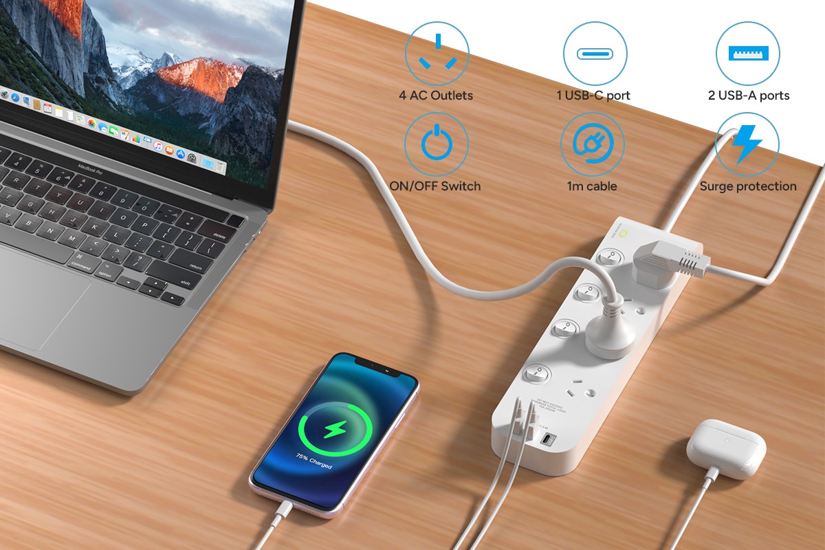 Kogan 4-Way Surge Protect Power Board with 2 USB-A & 1 USB-C Ports