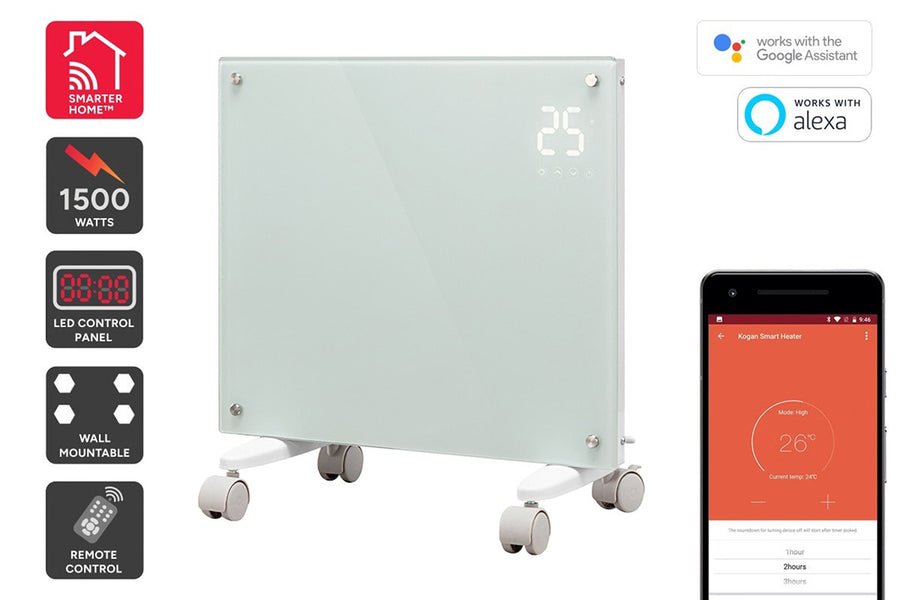 Kogan SmarterHome™ 1500W Premium Glass Panel Heater (White)