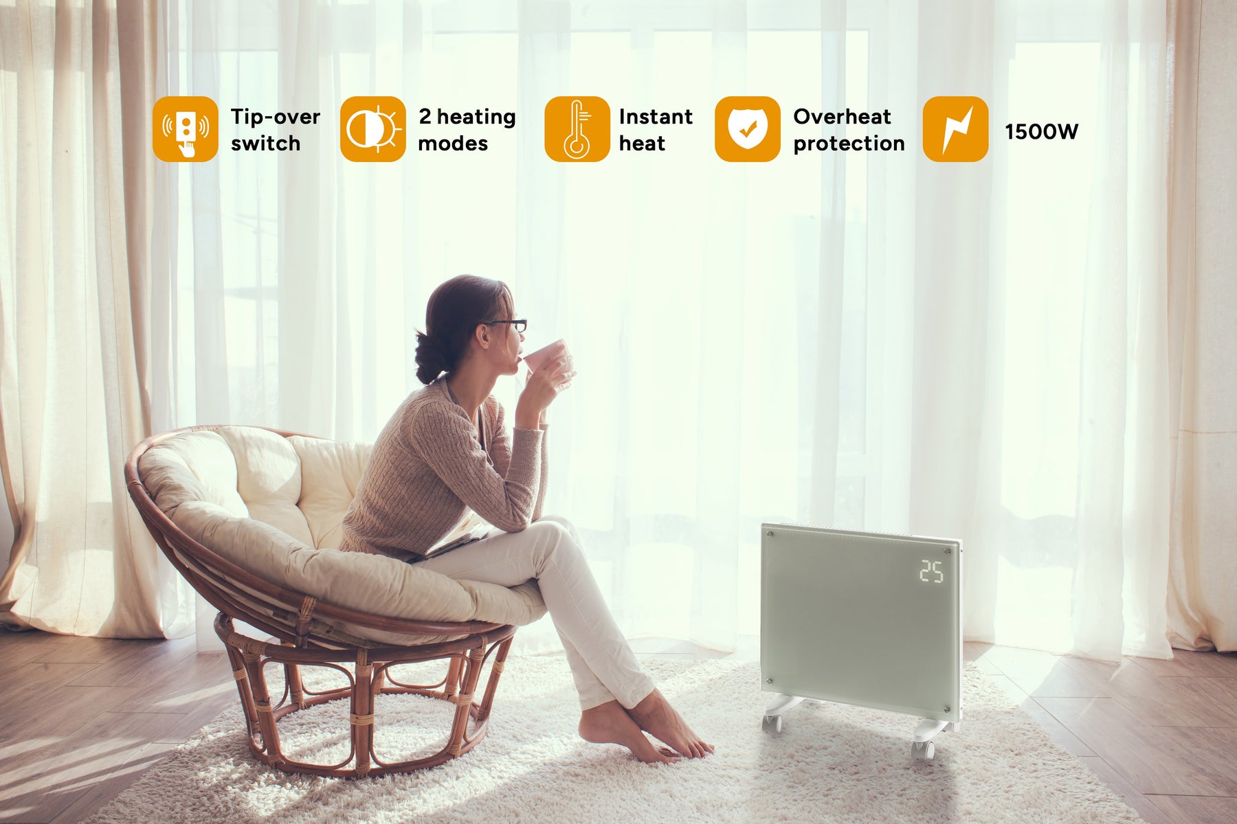 Kogan SmarterHome™ 1500W Premium Glass Panel Heater (White)