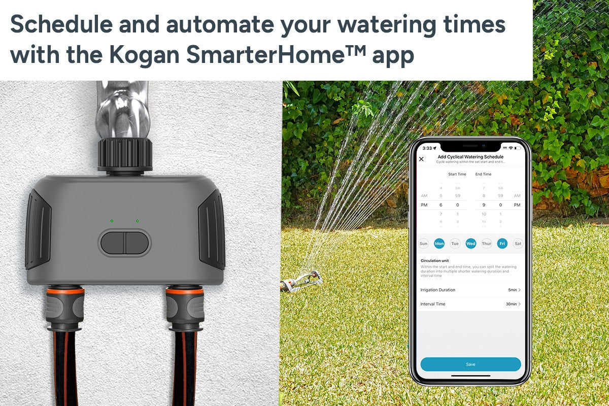 Kogan SmarterHome™ Bluetooth Garden Irrigation Water Timer with Dual Outlets